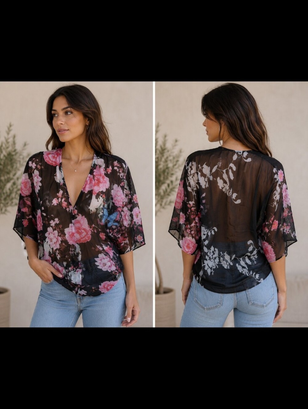 Zanzea ~ Black Pink Sheer Floral Chiffon Kimono – Lightweight Open Front~Small